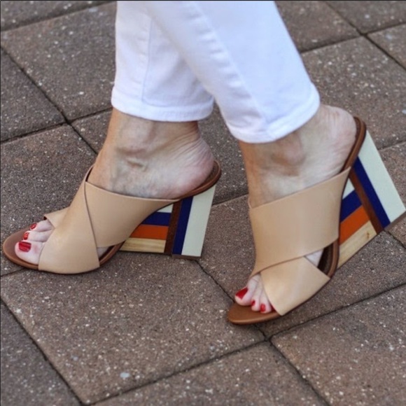 Tory Burch Leather Perspex Wedge Mules Cube Leather Crossover Wedge Sandals - Picture 14 of 16